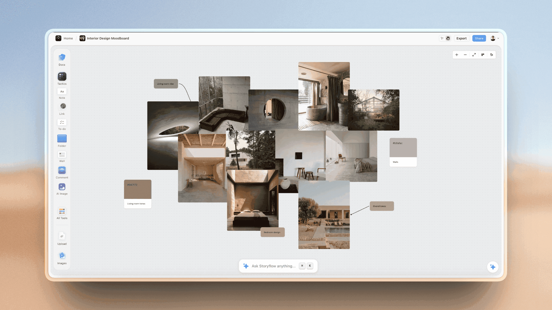 A Storyflow canvas on the free plan holding notes, images, and project cards a doc-shaped tool would bury